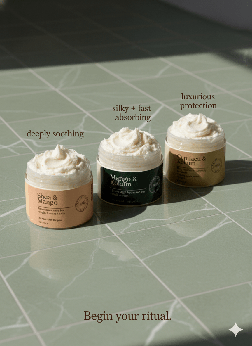 Three jars of cream on a textured surface with descriptive text and a call to action.