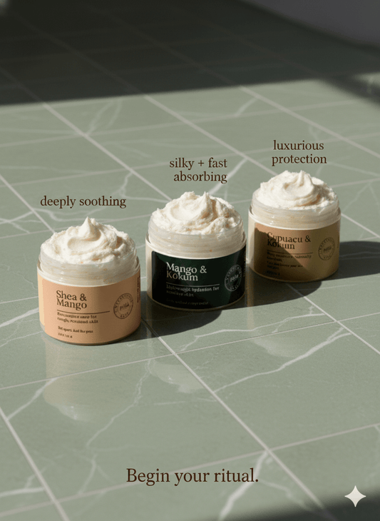 Three jars of cream on a textured surface with descriptive text and a call to action.