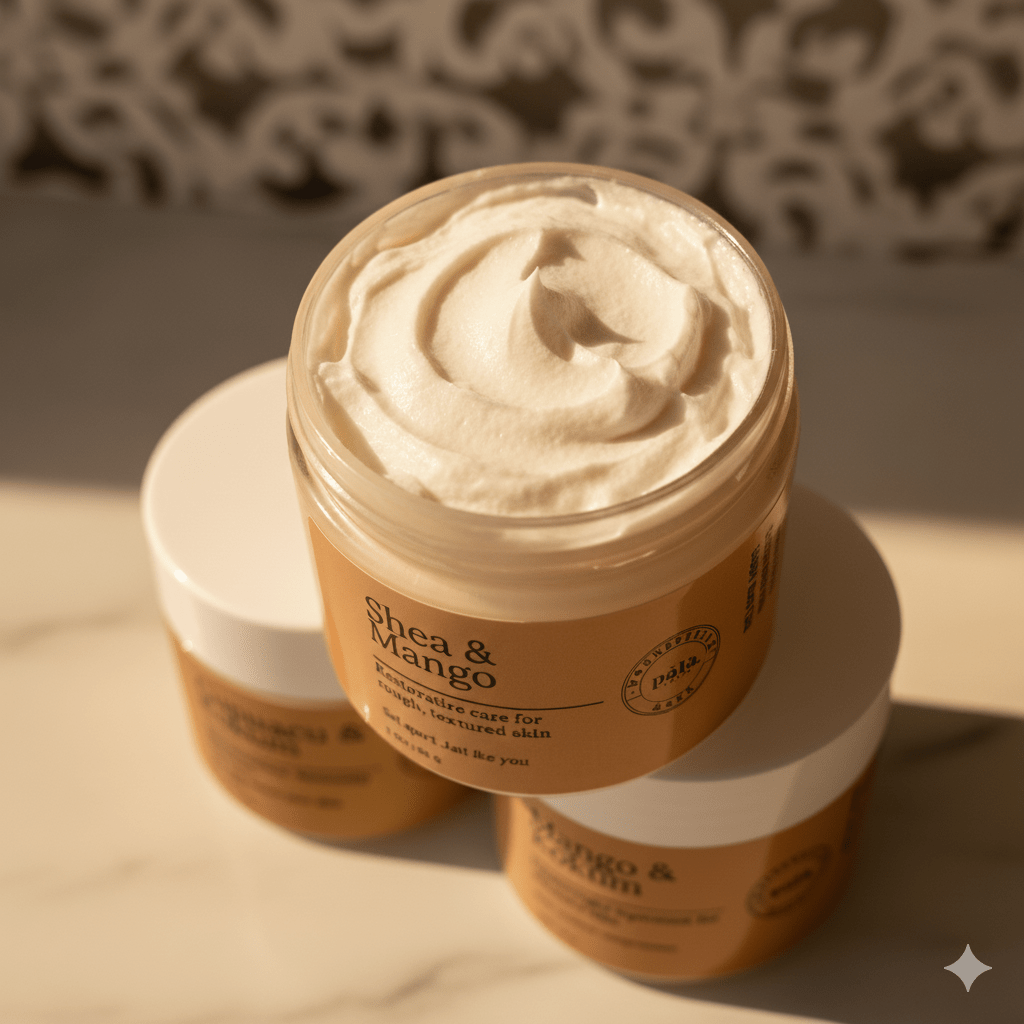 Jar of shea and mango body butter with a swirled cream on top, set against a neutral background.