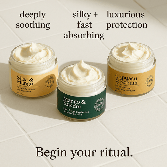 Three jars of cream on a tiled surface with text describing their properties.