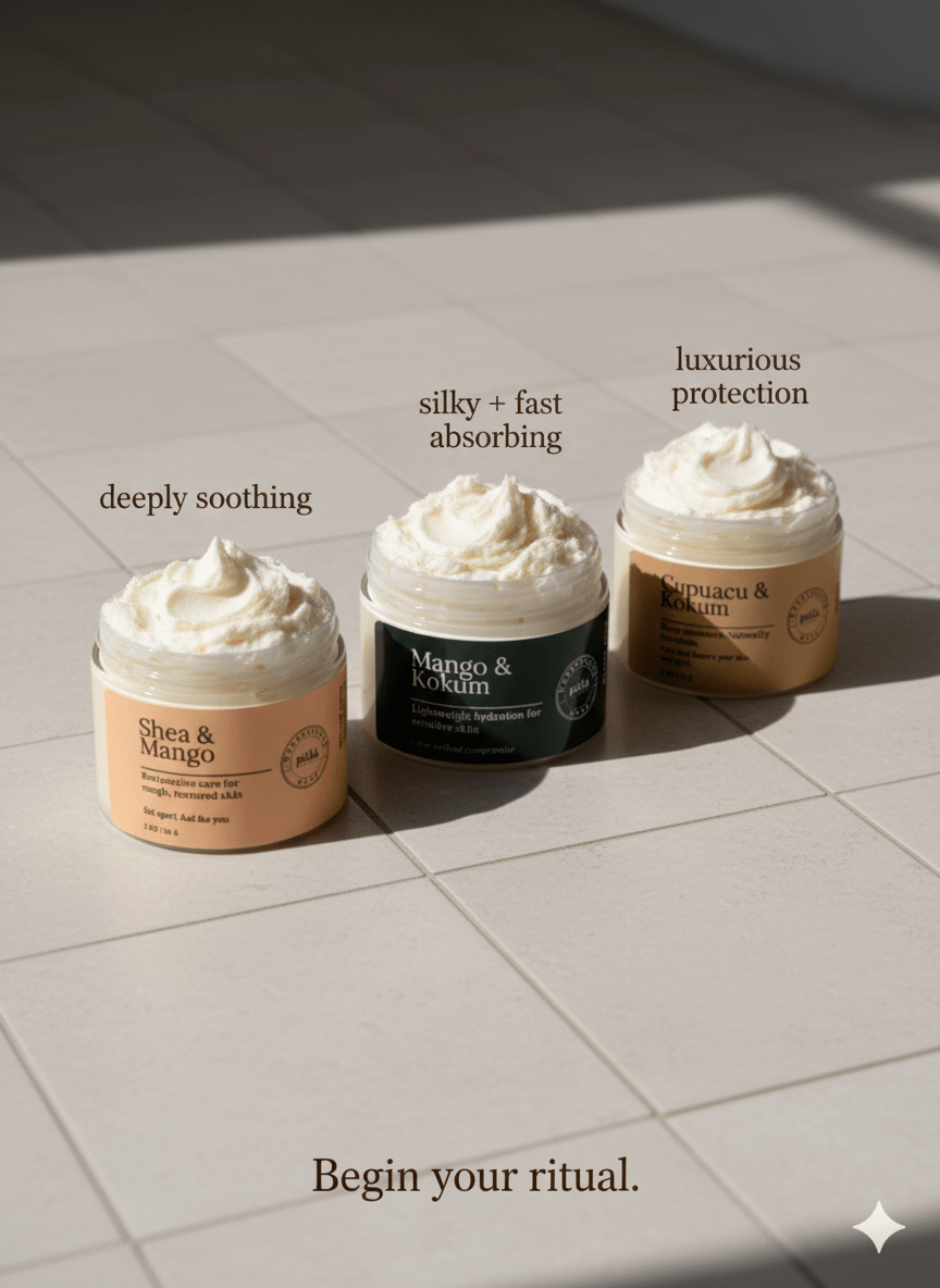 Three jars of cream on a tiled floor with descriptive text above each jar.